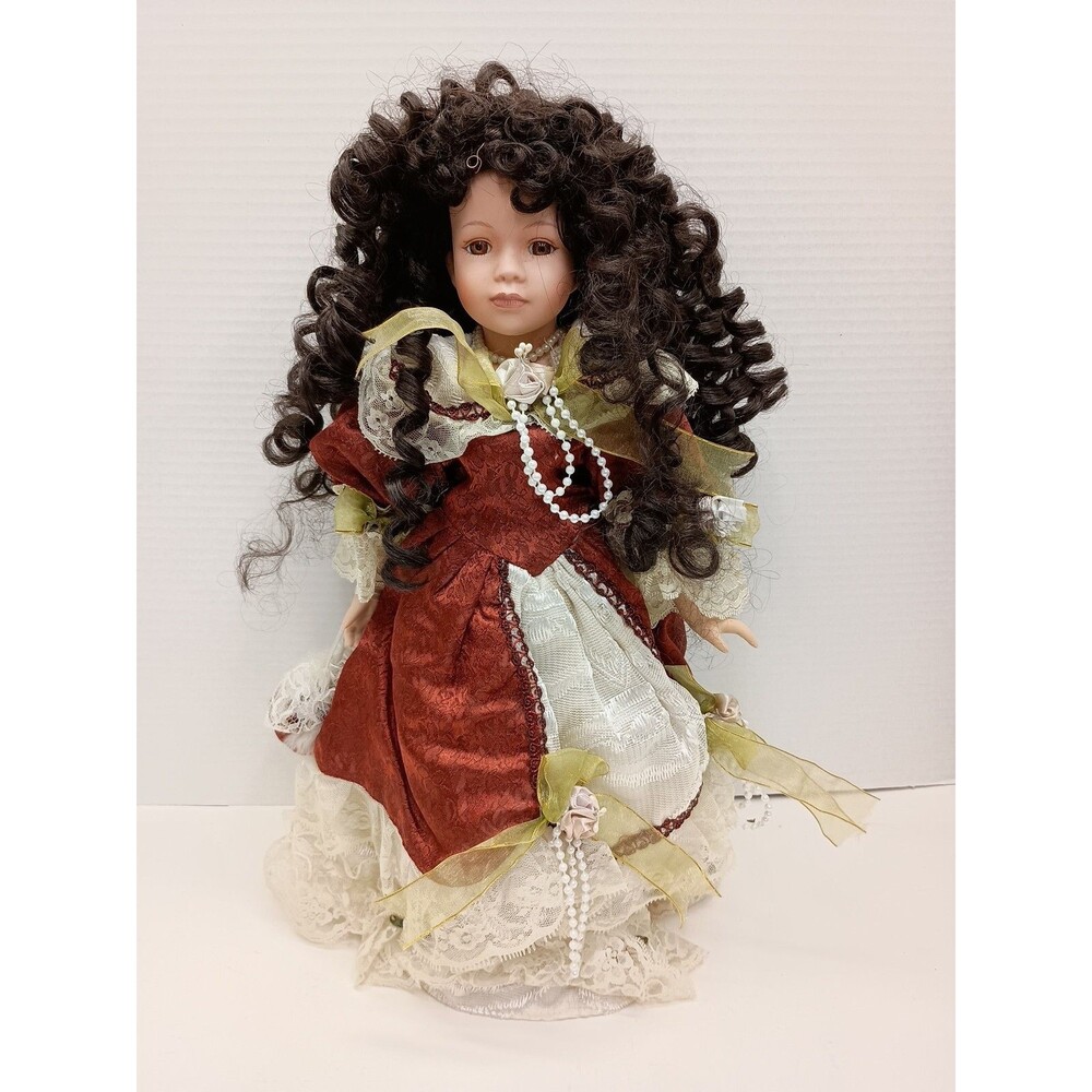 Vintage 16" Porcelain Doll Red Velvet Dress Curly Hair Display Stand Girl